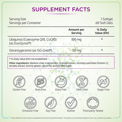 Bio-Qunol |含有香叶基香叶醇 (GG) 的泛醇 (CoQ10) 补充剂 | 150 毫克 60 粒软胶囊